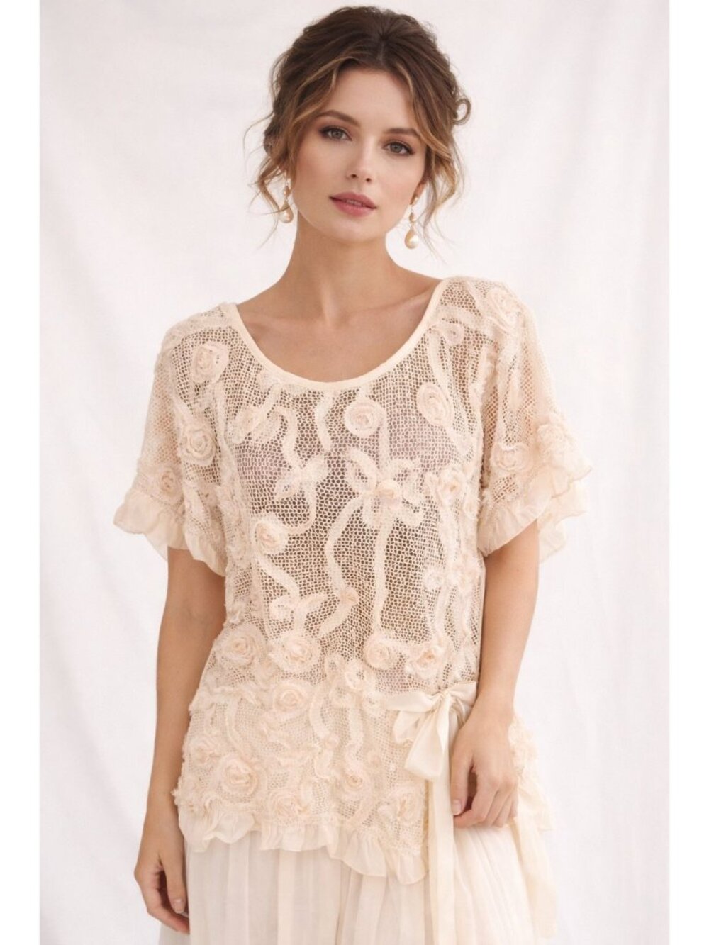 Perch Blu Pepper Beige Lace Mesh Overlay Top 2XL Romantic Cottage Cover Up Sheer